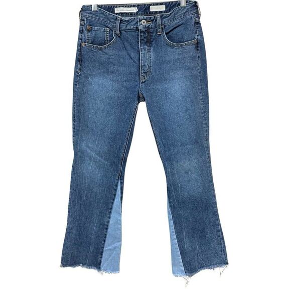 Pilcro Denim - Pilcro Crop Flare Jeans Size 28 Two Tone Blue Denim Raw Hem Button Fly 5 Pocket